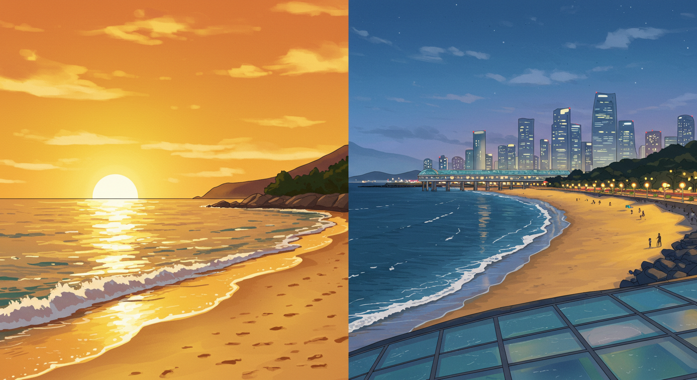 다대포의 일몰과 송도의 감성 해변 풍경