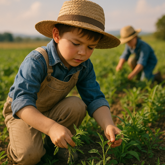 잡초를 뽑고있는 어린 농부