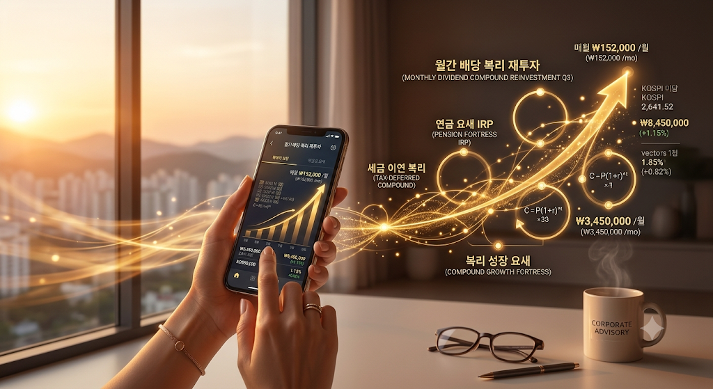 토요일 저녁 노을이 비치는 창가에서 스마트폰으로 나스닥100 적립 스케줄을 설정하는 손을 담은 희망적인 하이테크 금융 일러스트