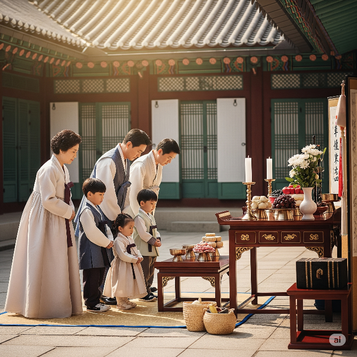 차례를 지내는 한국인 가족의 모습