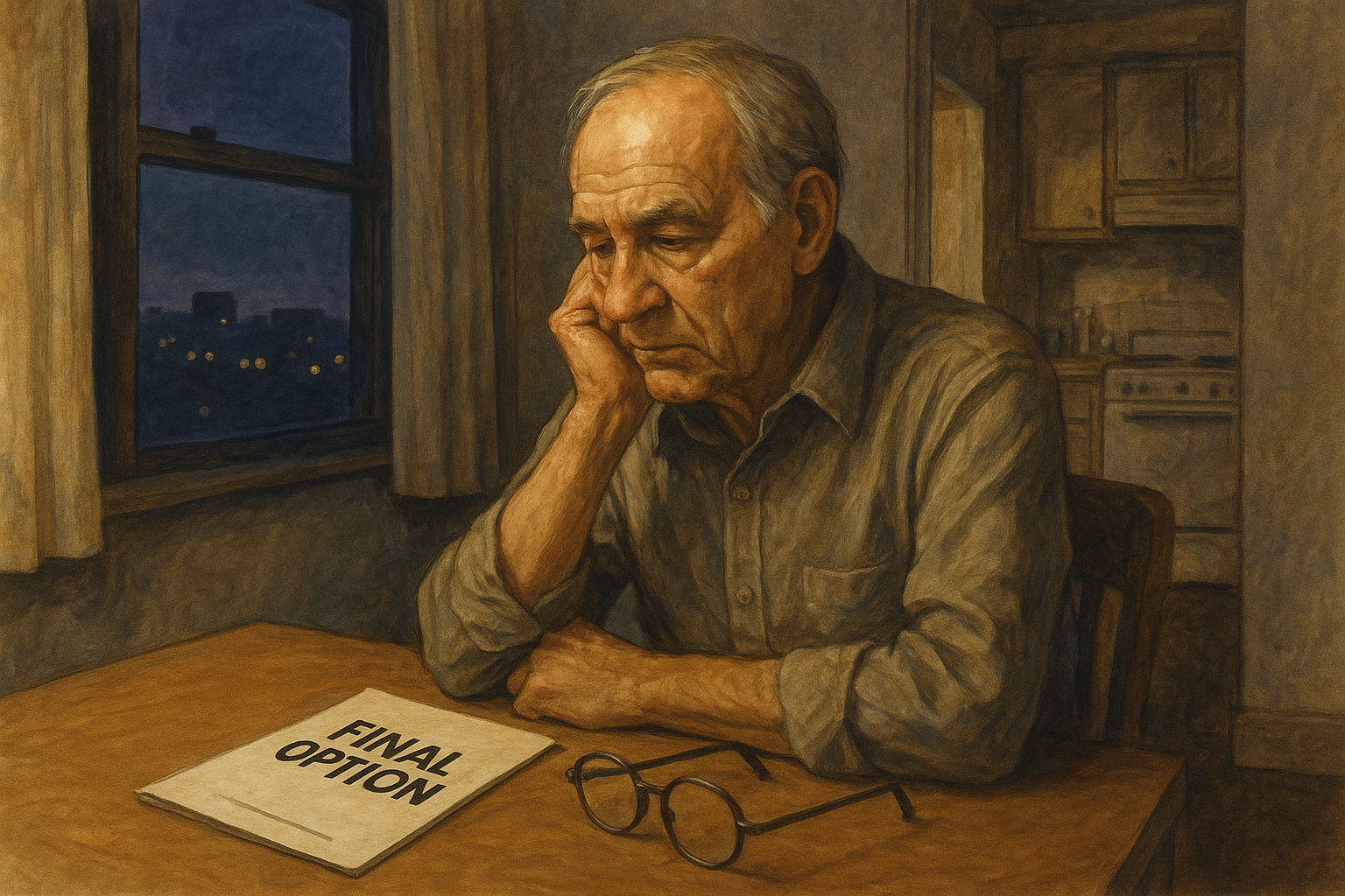 마지막 옵션을 놓고 고민하는 노인 일러스트