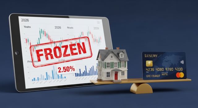2026년 기준금리 2.5% 동결 및 신용&middot;전세대출 금리 비교 인포그래픽