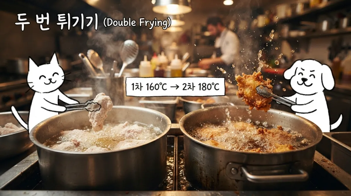 1차 160&deg;C 낮은 온도와 2차 180&deg;C 높은 온도에서 진행되는 두 번 튀기기 과정을 나란히 보여주는 조리 메커니즘 일러스트