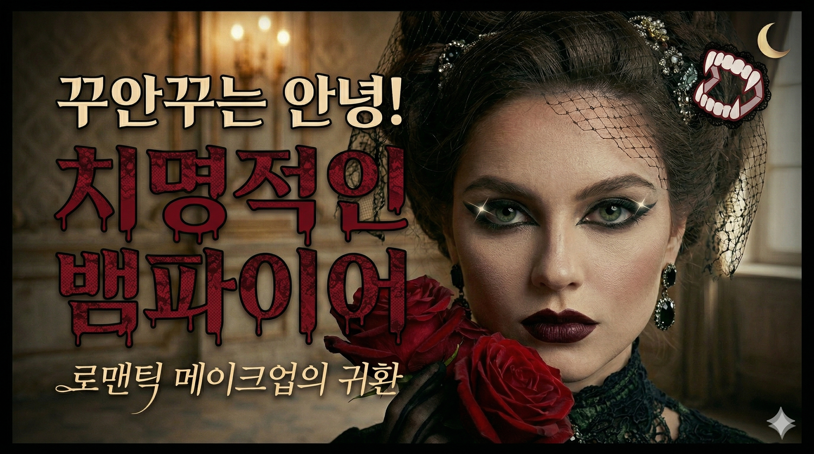 맥시멀리즘의 정점, 창백한 피부와 버건디 립이 강조된 뱀파이어 로맨틱 메이크업 썸네일