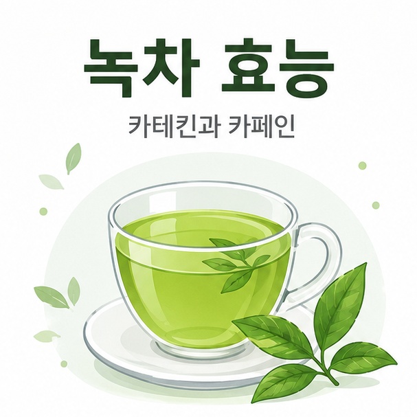 녹차 잎과 따뜻한 녹차 한 잔을 중심으로 녹차 효능이 카테킨과 카페인 같은 성분을 중심으로 연구되고 있음을 보여 주는 그림