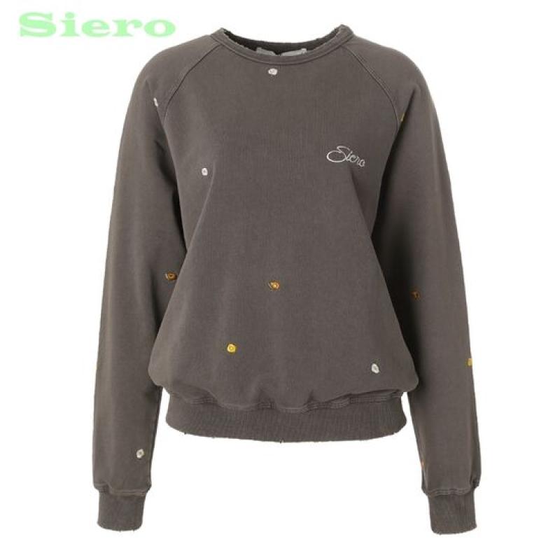 시에로 플라워자수 구제워싱 라글란 맨투맨 티셔츠 SH2TSF843