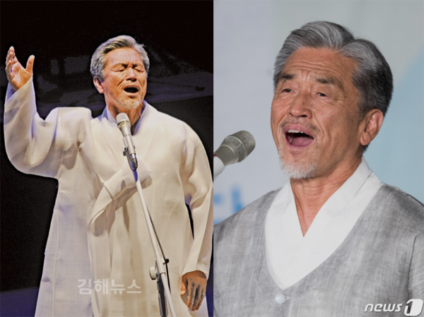 무대에서 열창하는 소리꾼 장사익의 공연 모습