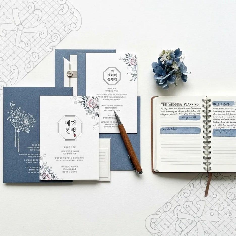 웨딩 준비 서류와 펜이 놓인 정갈한 모습