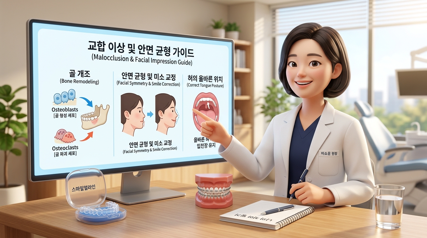 청정하고 세련된 분위기의 대학병원 치과 교정과 진료실에서 보건 의학 전문가 선생님이 대형 인포그래픽 모니터를 가리키며 치열 불균형 및 부정교합이 유발하는 좌우 저작근 비대칭과 턱관절 디스크 마모 생리학적 메커니즘을 조목조목 설명하고, 부정교합과 인상 관리 수칙과 교정 치료가 얼굴형과 이미지에 미치는 의학적&middot;미적 영향에 대한 정답으로 올바른 구강 자세 제어 및 정밀 교정 안착 행동 수칙을 환자에게 다정하게 안내해 주는 현대적이고 깔끔한 3D 렌더링 이미지.