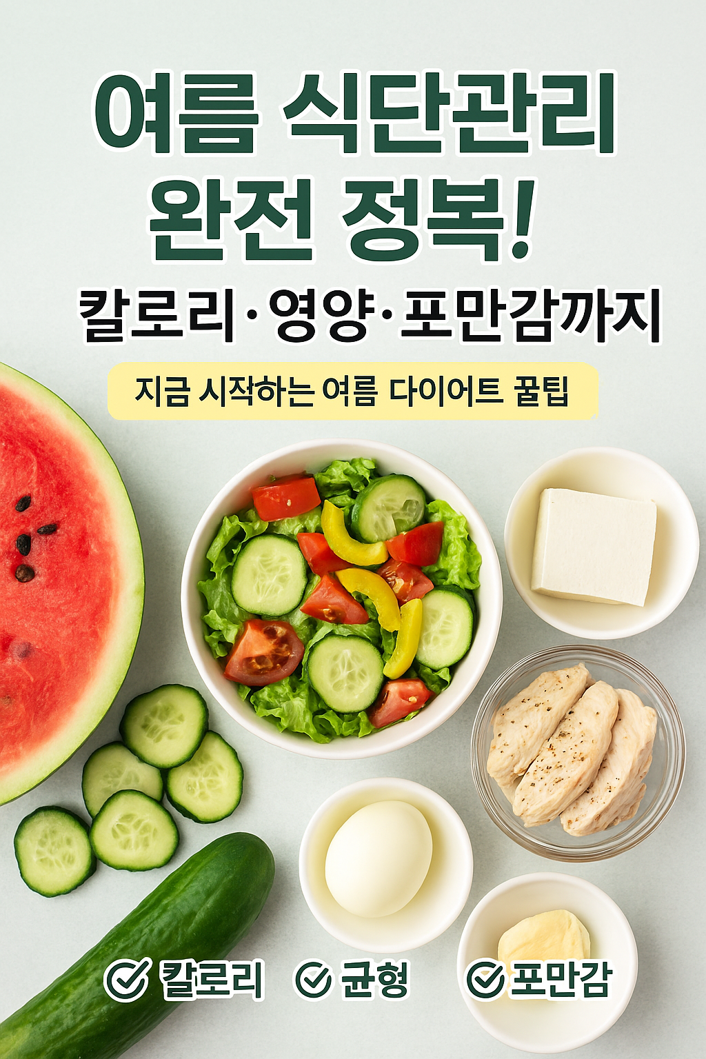 여름철 식단관리 가이드를 소개하는 썸네일 이미지. 수박, 오이, 샐러드 등 여름 제철 식품과 닭가슴살, 계란, 두부 아이콘이 함께 배치되어 있고, "여름 식단관리 완전 정복! 칼로리·영양·포만감까지"라는 문구가 강조되어 있습니다.