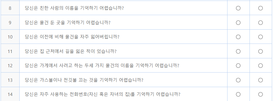 치매 자가진단 테스트 문항 2