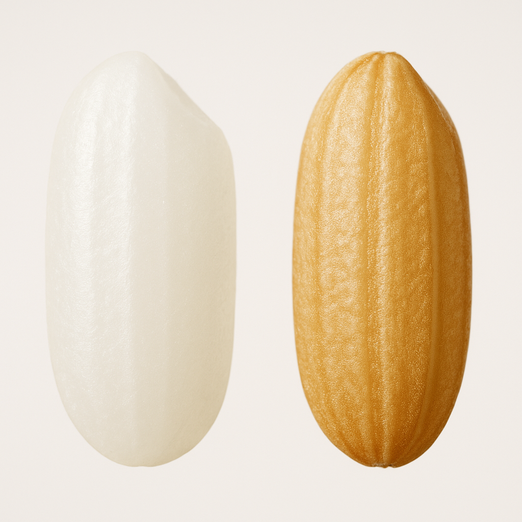 도정 전후의 쌀알을 비교하는 사진