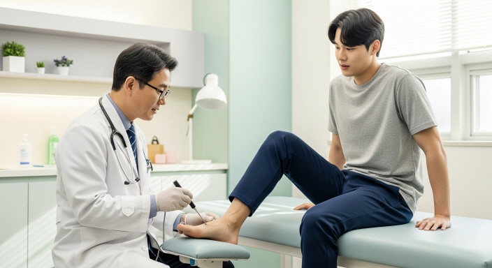 병원에서 발 무좀 상담을 받는 장면