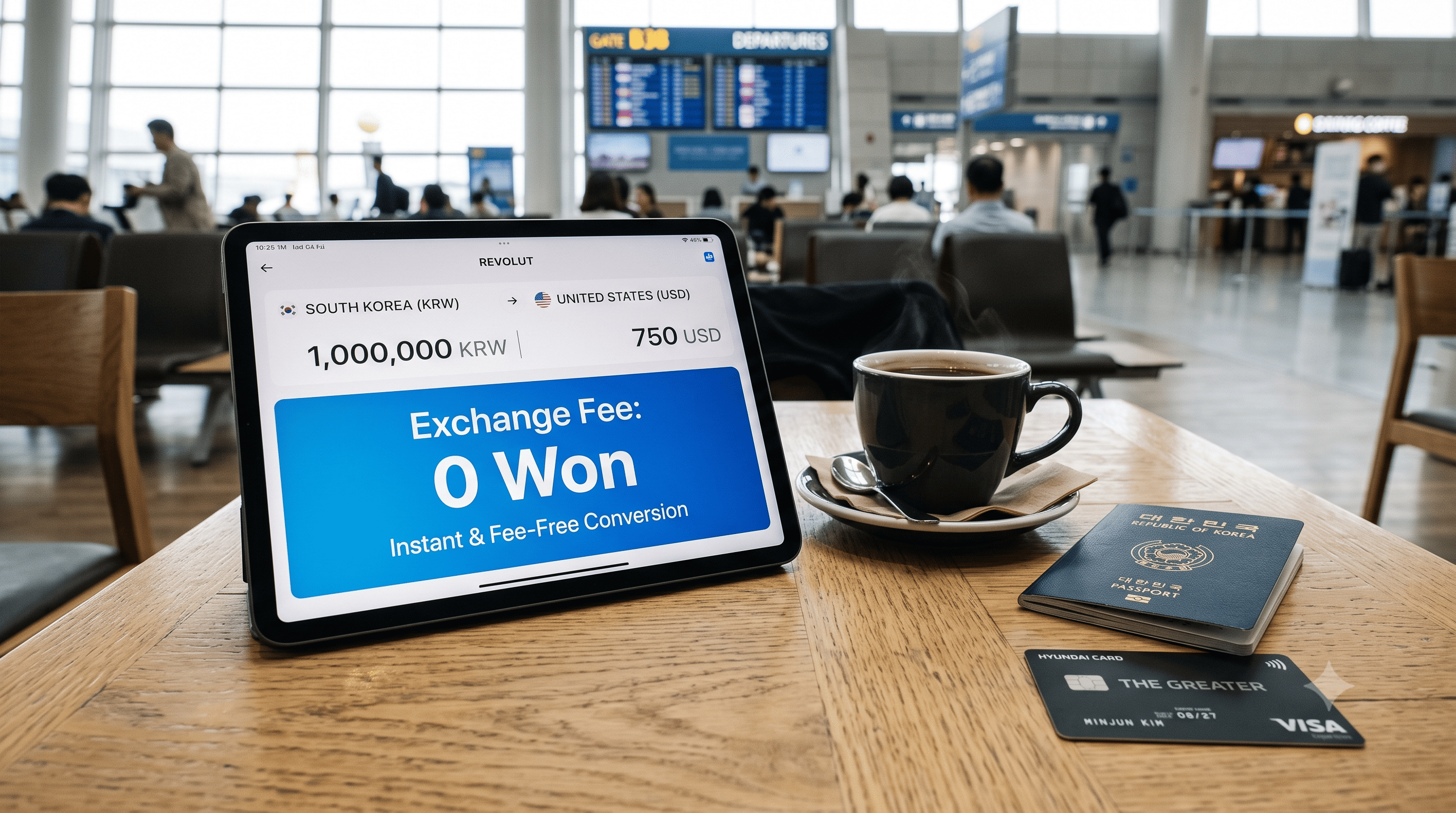 공항 카페 테이블 위에 여권과 환전 수수료 0원이 뜬 태블릿 화면이 놓인 모습, 환전 수수료 무료 혜택 상징