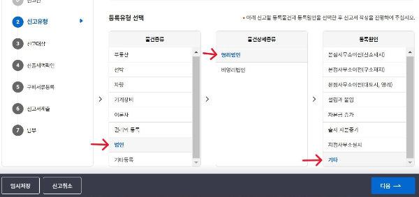 등록유형을 선택합니다. 법인, 영리법인, 기타를 선택합니다.