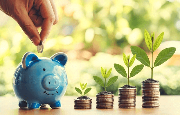 하늘색 돼지저금통에 남자 손이 동전을 집어넣는 장면이다, 옆에는 동전들이 쌓여있고 동전 위에 푸른 새싹들이 자란다.