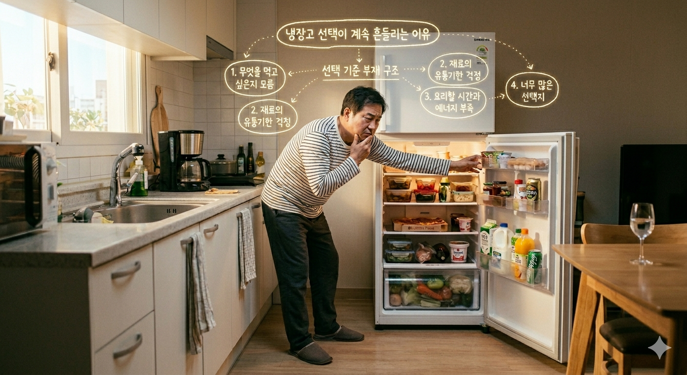 냉장고 앞에 서서 문을 열고 안을 들여다보며 망설이는 사람의 모습