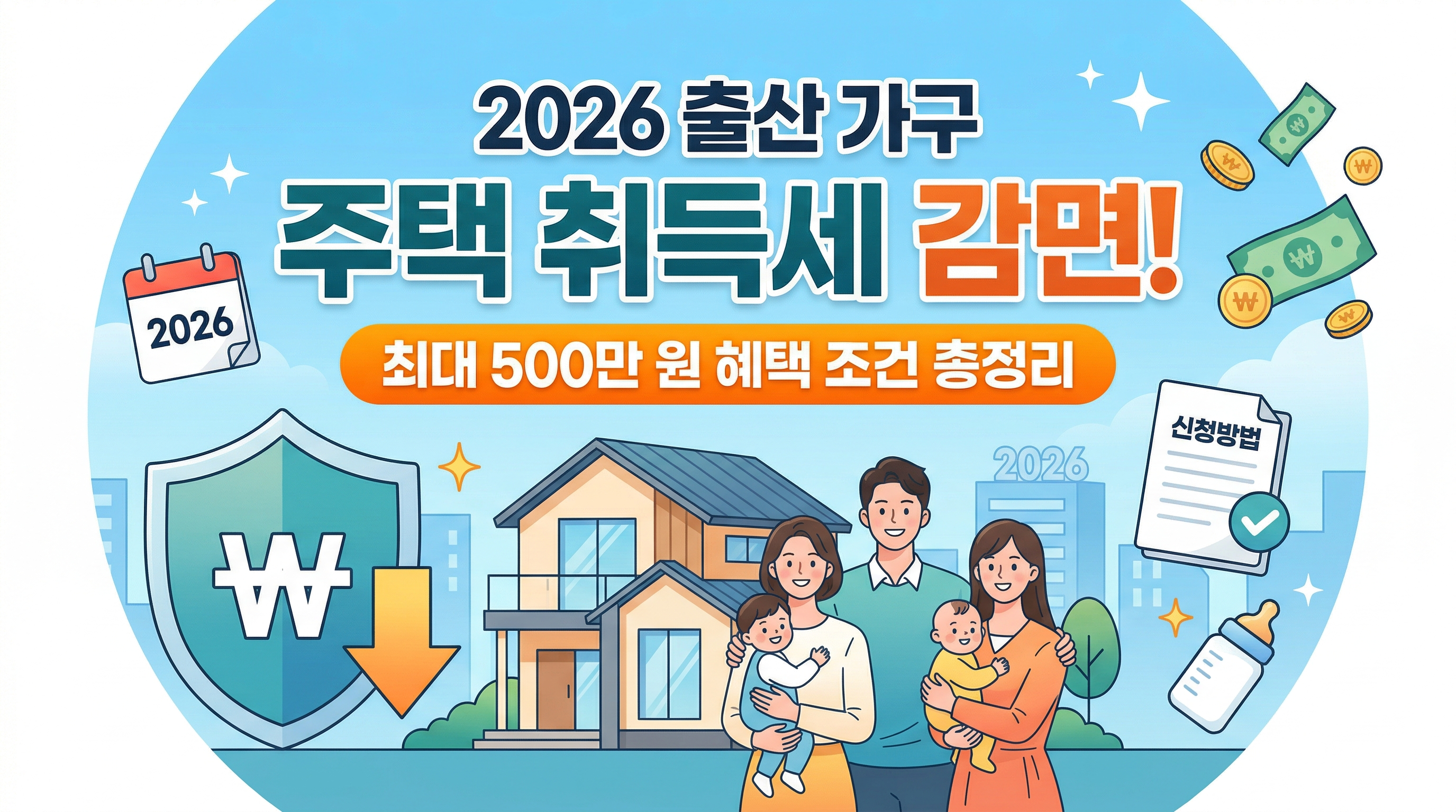 2026년 출산 가구 주택 취득세 감면 혜택을 안내하는 밝고 신뢰감 있는 인포그래픽 썸네일입니다.
중앙에는 내 집 마련에 성공한 행복한 가족 일러스트와 함께 '최대 500만 원 혜택 조건 총정리'라는 핵심 문구가 강조되어 있습니다.
세금 절감을 의미하는 방패 아이콘, 2026년 달력, 신청 서류 및 젖병 아이콘 등을 배치하여 출산 가구를 위한 정책 정보임을 직관적으로 전달합니다.