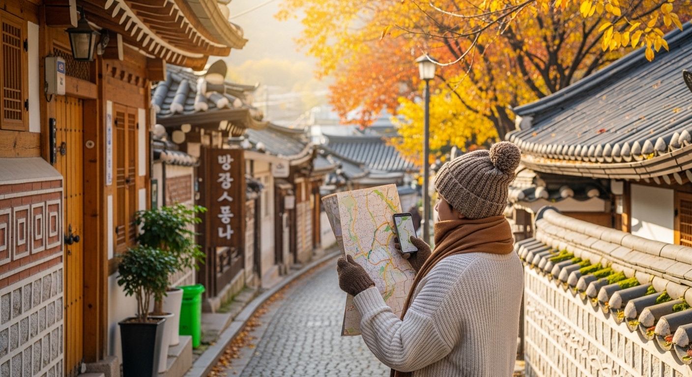 따뜻한 옷차림의 여행자가 한국의 가을 단풍이 아름다운 작은 마을에서 지도 앱을 확인하는 모습. 가을 여행의 여유로움을 담고 있다.
