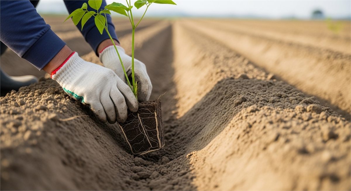 적절한 간격으로 두릅나무 묘목을 심는 디테일 장면