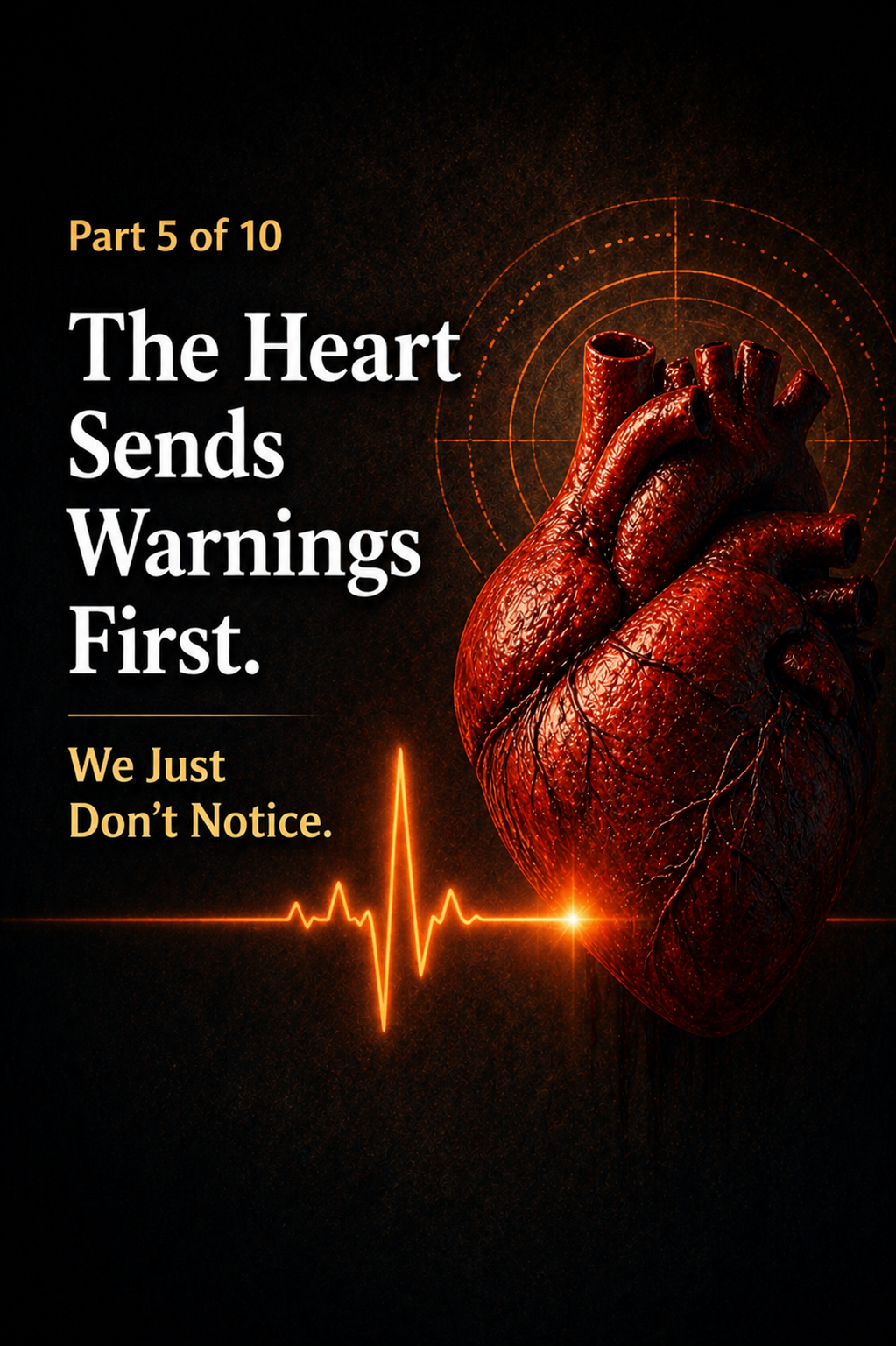 Cardiac arrest is not sudden&mdash;this image shows a human heart sending early warning signals through irregular rhythm, highlighting missed symptoms before collapse