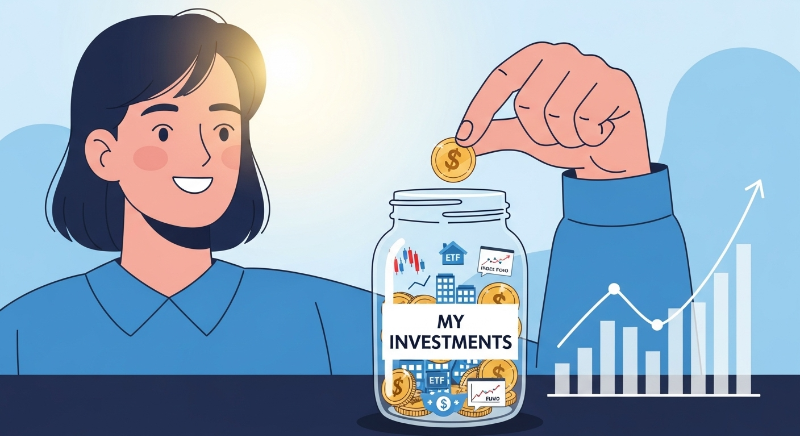 초보자를 위한 종잣돈 마련 전략을 나타내는 이미지: 소액으로 ETF나 인덱스 펀드에 투자하며 자산을 늘려가는 모습.