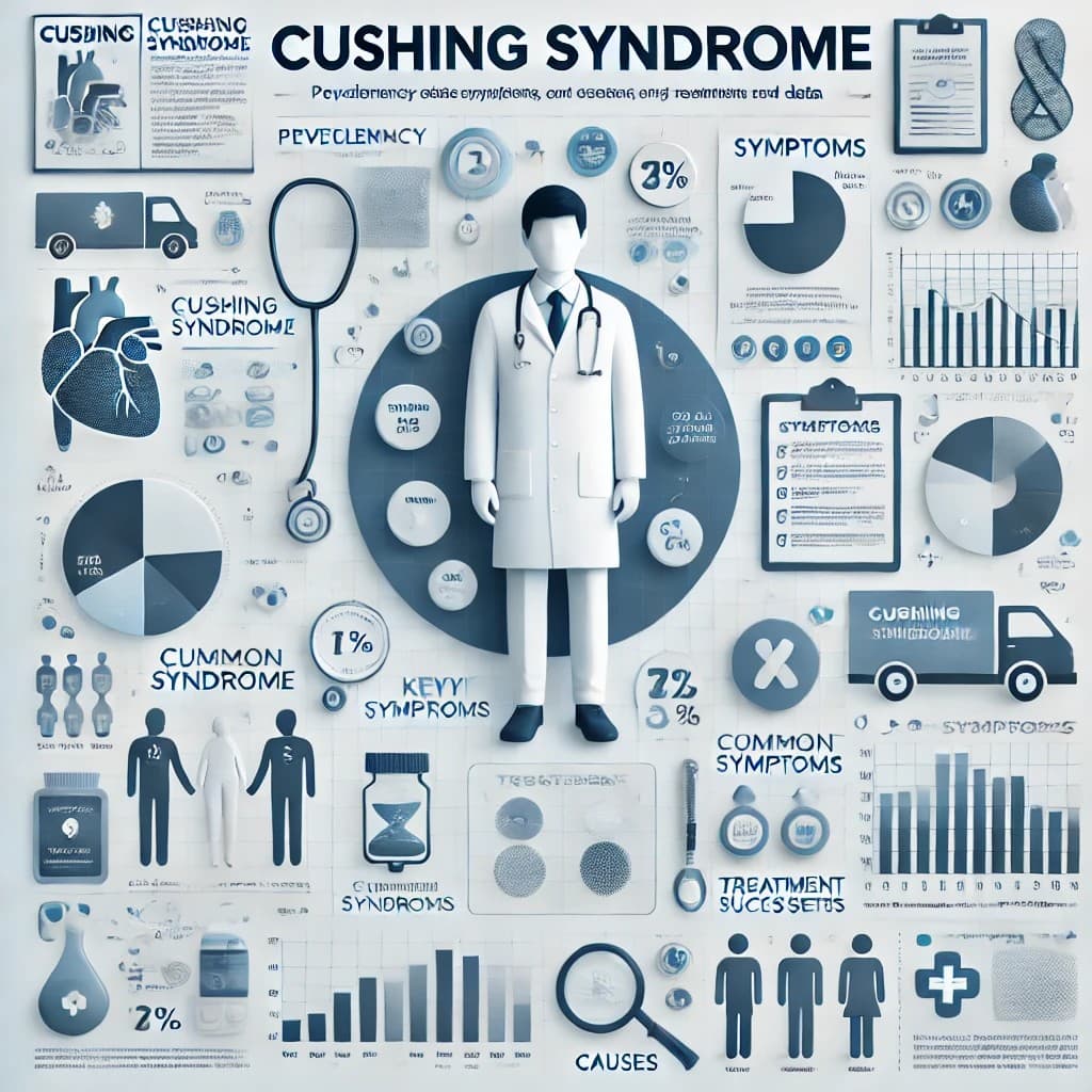 쿠싱증후군(Cushing Syndrome) 통계 및 데이터: 유병률, 주요 증상 비율, 원인, 치료, 성공률 등을 정리한 의료 인포그래픽