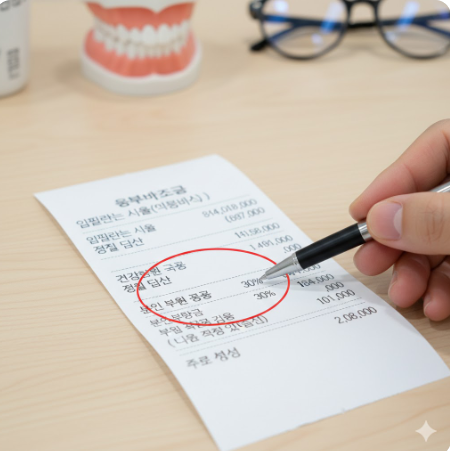 치과 진료비 영수증과 보험 적용 내역이 표시된 이미지