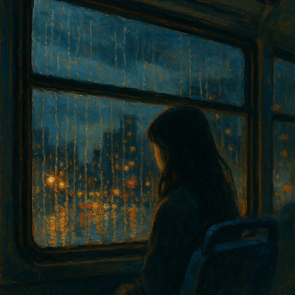 “비 내리는 밤, 버스 창가에 앉아 흐릿한 도시 불빛을 바라보는 젊은 여성의 쓸쓸한 모습을 유화풍으로 그린 그림”