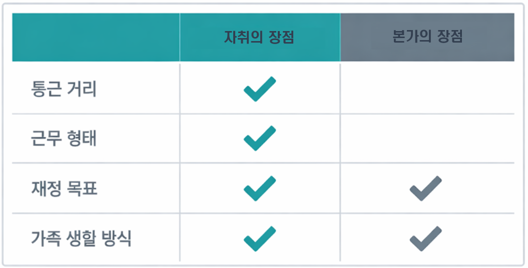 자취 vs 본가 조건별 선택 판단 기준 매트릭스