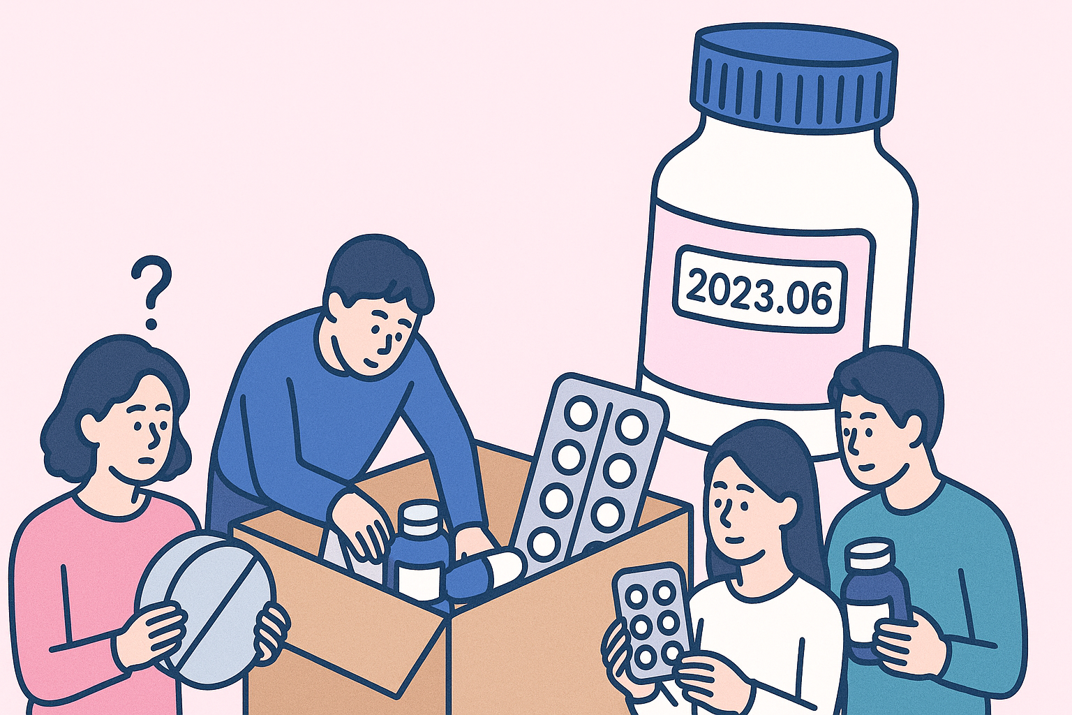 유통기한 지난 약을 정리하며 확인하는 사람들의 16:9 일러스트