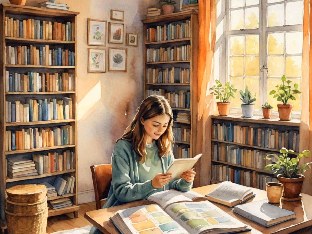 아침시간 화분과 책이 있는 편안한 실내에서 루틴을 확인하는 여성의 모습이 수채화로 표현되어 있다