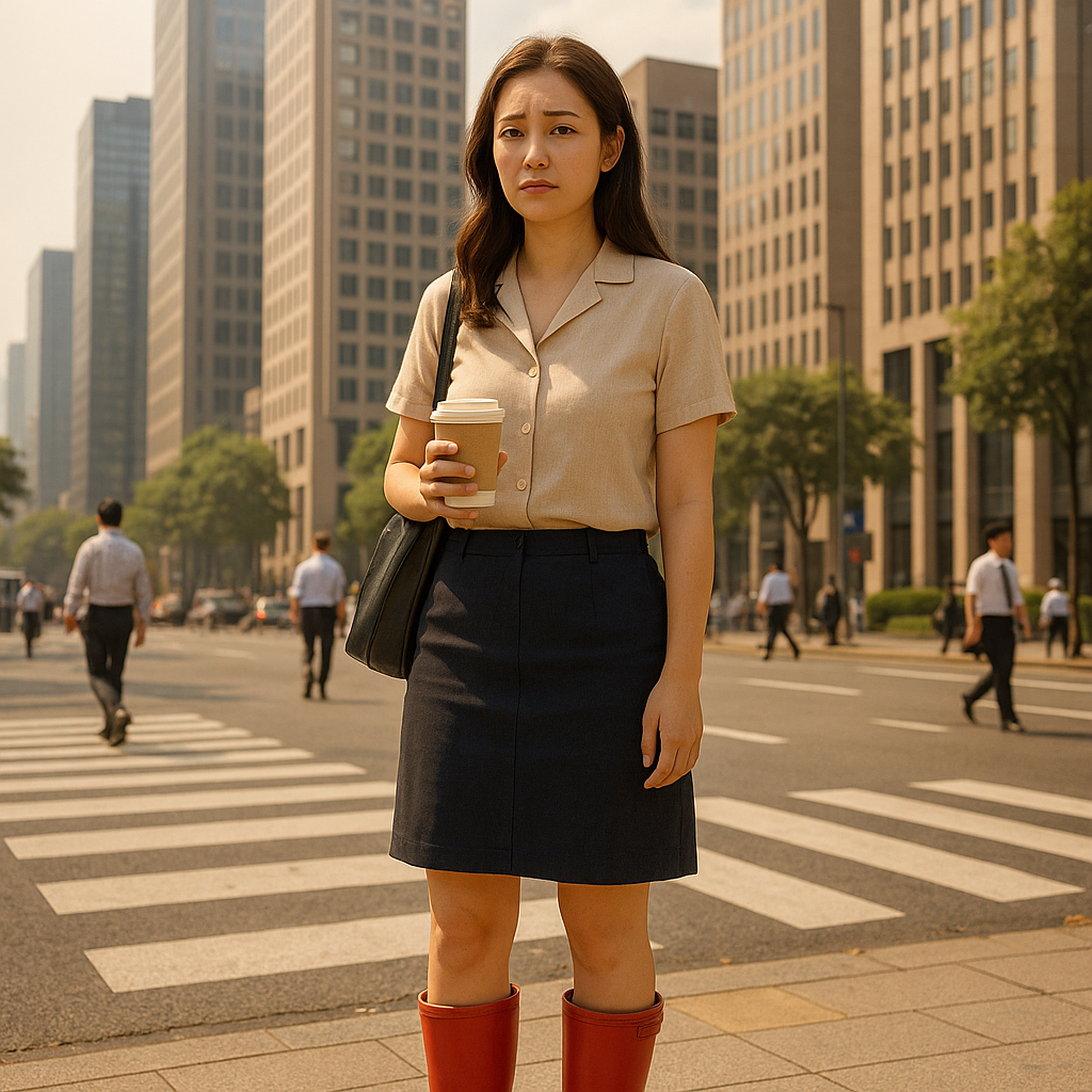 서울 낮 도심 열기 속 장화를 신은 직장인 여성 사진