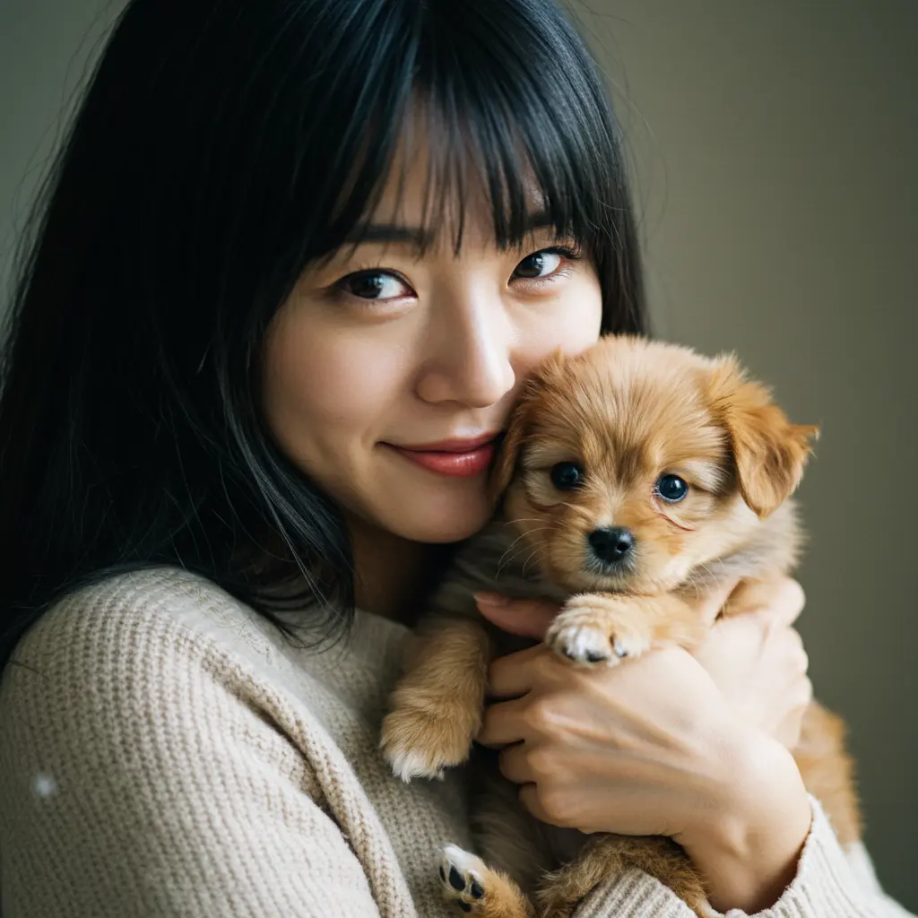 아기 강아지를 안고있는 여성