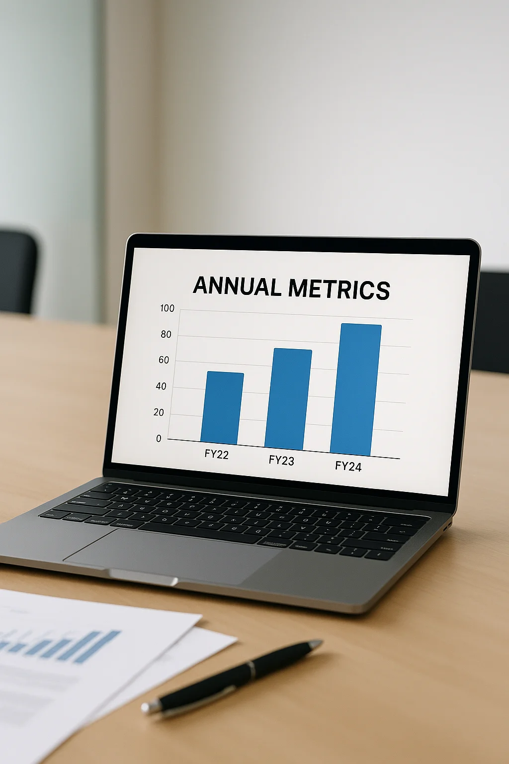 현대적인 사무실 분위기에서 노트북 화면에 연간 지표 그래프(FY22, FY23, FY24)가 막대 차트 형태로 표시된 모습. 깔끔한 배경, 미니멀한 디자인, 전문가 느낌의 비즈니스 이미지. 조용한 회의실 책상 위에 서류와 펜이 함께 놓여 있음