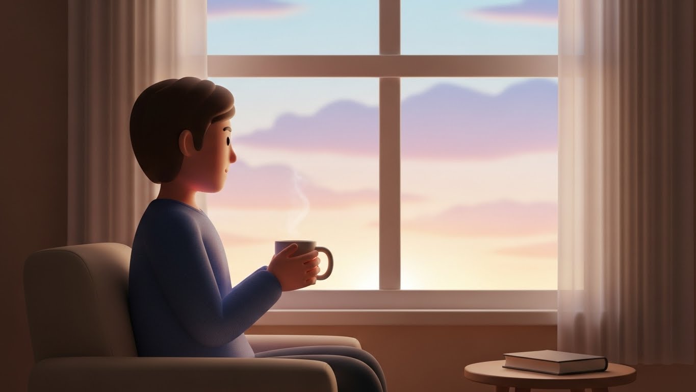 이른 아침, 창가 안락의자에 앉아 따뜻한 머그잔을 들고 평화롭게 해가 뜨는 것을 바라보는 사람의 모습. 따뜻하고 차분한 분위기의 3D 일러스트레이션.
