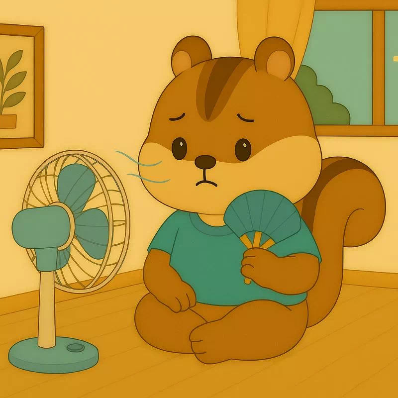 선풍기 앞에서 부채질하는 다람쥐 캐릭터