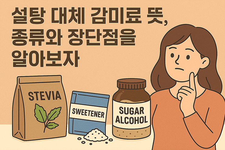 여성이 대체 감미료를 보고 고민을 하는 모습이 담겨있습니다.