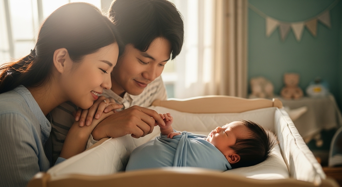 아기 침대에 누워있는 신생아를 사랑스럽게 바라보는 부부