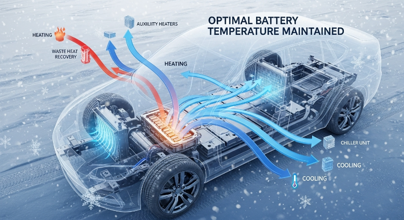 전기차 배터리 내부에서 첨단 열관리 시스템이 작동하여 최적 온도를 유지하는 모습을 보여주는 그래픽.