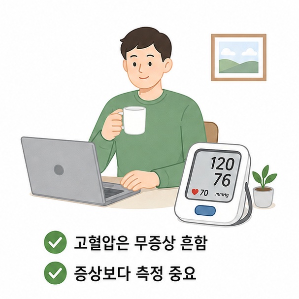고혈압은 특별한 증상이 없는 경우가 많아 직접 혈압을 측정하는 것이 중요함을 보여주는 그림