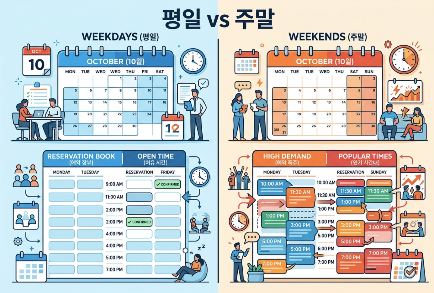 가을 이사의 평일과 주말 예약 수요와 시간대를 비교하는 이미지