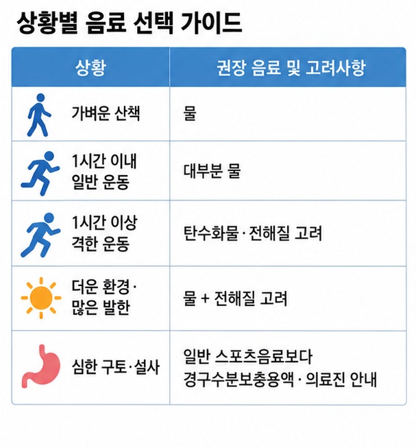 가벼운 운동 1시간 이내 운동 장시간 격한 운동에서 물과 이온음료 선택 기준을 비교한 이미지