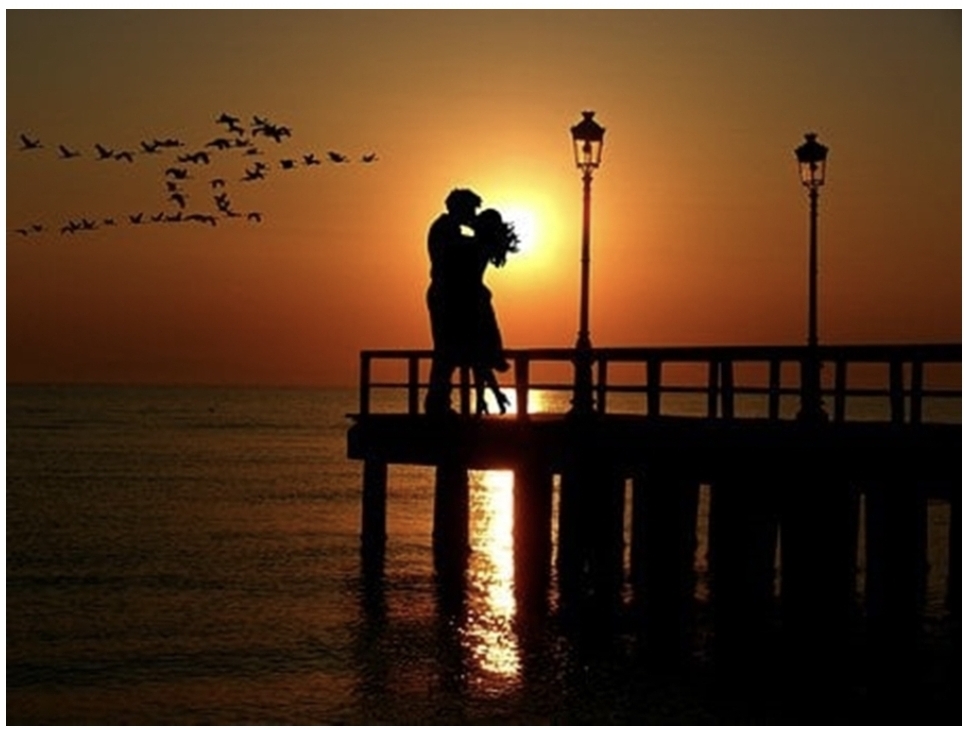 노을 빛 아래에서 애인과 안고 있다