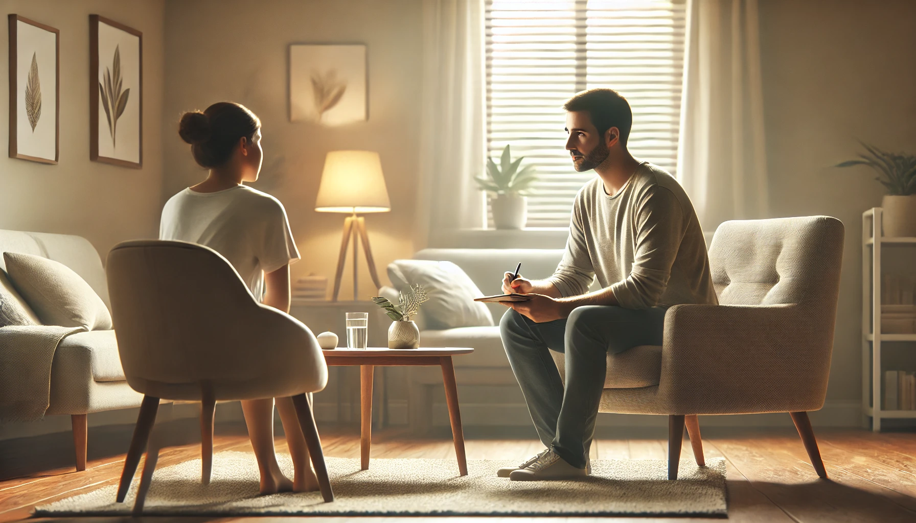 한 여성이 전문가와 상담하고 있는 그림