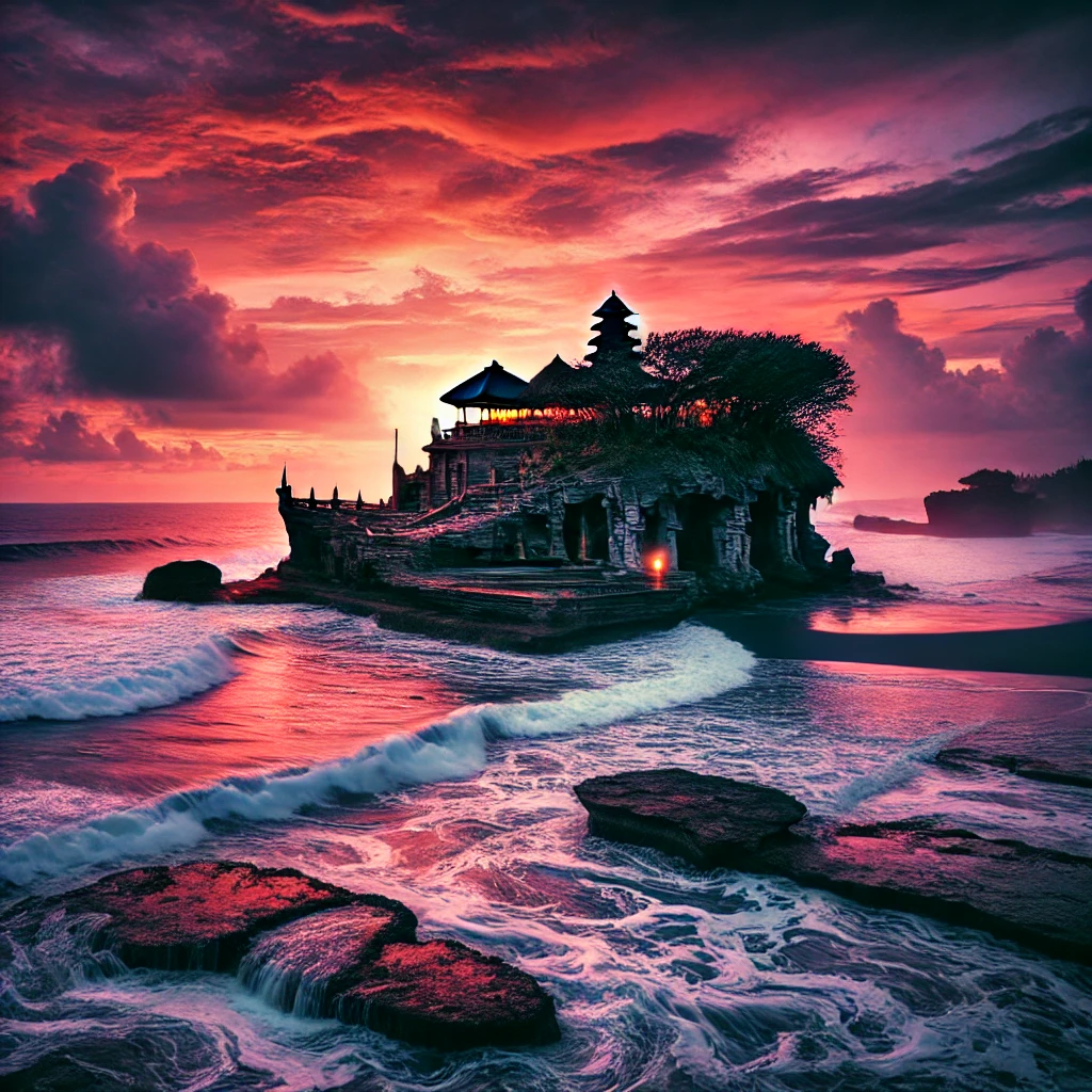 타나롯 사원의 절경과 붉게 물든 하늘