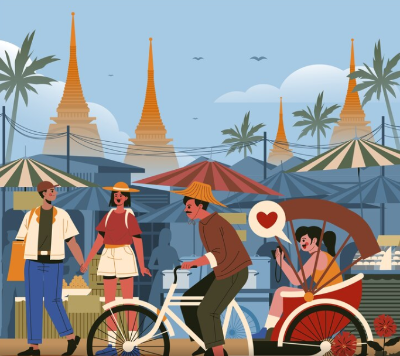 여행자들과 , 자전거로 손님 태우고 가는 현지인을 그린 일러스트