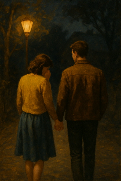 어두운 밤, 가로등 불빛 아래에서 손을 맞잡고 나란히 걸어가는 남녀의 뒷모습. 소녀는 파란 치마에 노란 카디건을 입고 한 손으로 입가를 감싸고 있으며, 남자는 갈색 재킷 차림으로 조용히 걸음을 옮긴다. 그들의 뒷모습은 조용한 그리움과 아련한 추억을 떠오르게 한다.