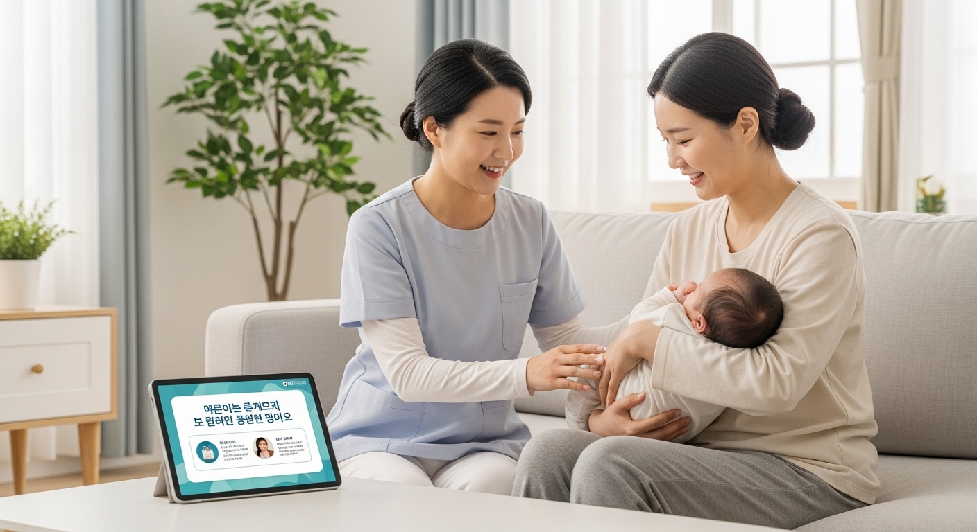 산모 신생아 건강관리 지원 서비스를 받는 모습과 바우처 적용 안내