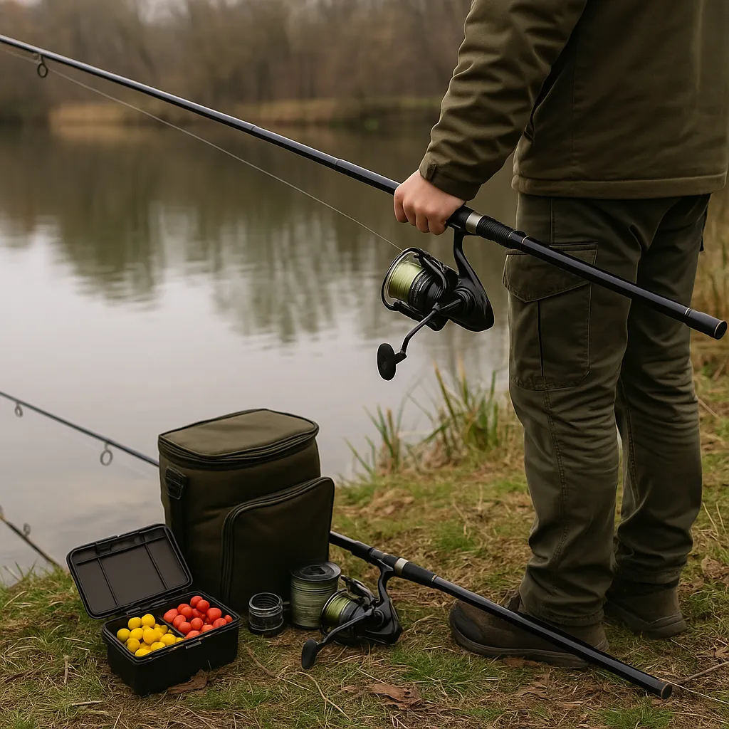 호숫가에서 잉어낚시 장비를 준비하는 낚시인의 모습